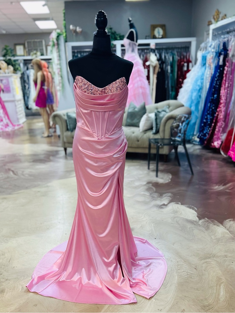 Strapless Pink Satin Prom Gown with Embellished Sweetheart Bodice